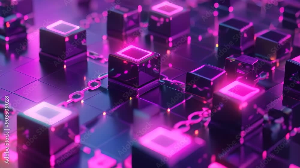 Poster a vibrant background filled with purple and blue cubes of various sizes, show the scalability challe