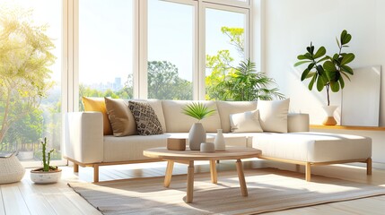 Modern interior design of living room, minimalist decor, large windows, comfortable sofa, stylish accessories, open space