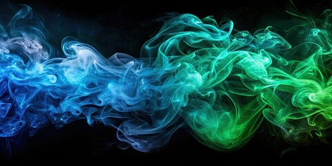 Fototapeta premium Abstract blue and green smoke swirls on a dark black background, creating a mystical and atmospheric effect, Smoke, Swirls