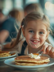 Joyful Young Girl Delighting in Fluffy Pancake at Family Breakfast