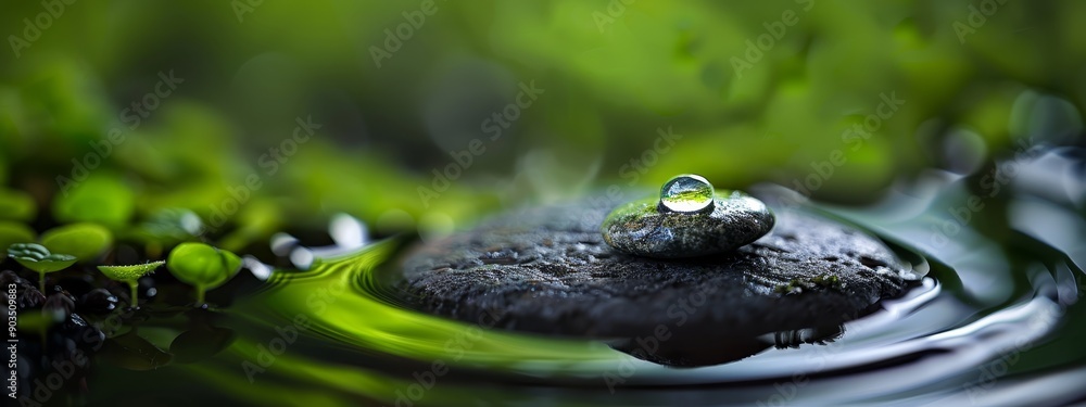 Wall mural  A drop of water atop a green leaf on a submerged rock in a pond, surrounded by lush greenery background