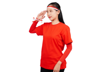 An Indonesian woman giving salute to celebrate Indonesia's independence day on 17 August isolated transparent