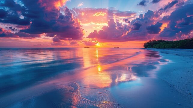 Sunset beach scene with a tranquil landscape and vibrant colors reflecting on the water.