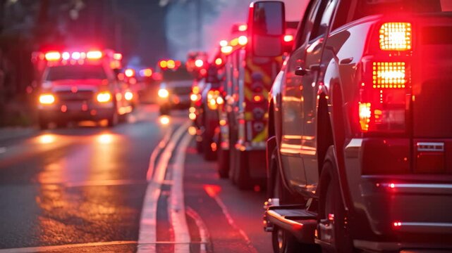 Sirens blaring, emergency vehicles in a line speed down the street responding to a crisis, Sirens wailing as emergency responders arrive on scene