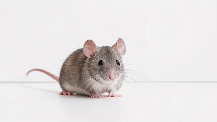 one small gray mouse on white background isolated