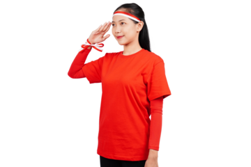 An Indonesian woman giving salute to celebrate Indonesia's independence day on 17 August isolated transparent