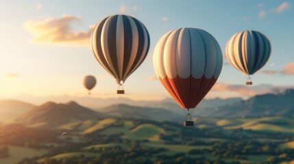 Fototapeta premium Magical hot air balloons gracefully floating over a picturesque serene valley landscape with majestic mountains in the distance set against a breathtaking summer sunset sky This dreamy