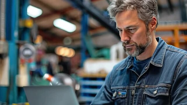 An automotive engineer is utilising a laptop computer to tune an ECU and analyse engine problems while servicing cars at a garage.