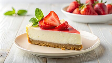 Delicious slice of strawberry cheesecake topped with cream on a white plate, cake, dessert, food, sweet, strawberry, cheesecake