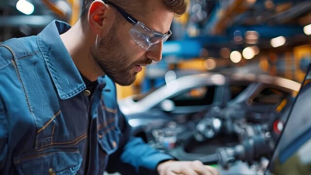 An automotive engineer is utilising a laptop computer to tune an ECU and analyse engine problems while servicing cars at a garage.
