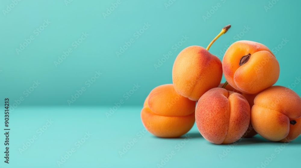 Poster closeup of ripe juicy apricots displayed on a soft pastel colored background with blurred depth of f