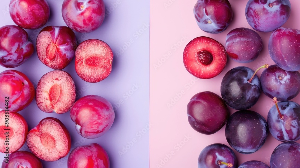 Aufkleber whole and halved plums of various shades of purple pink and blue arranged in a visually appealing pa