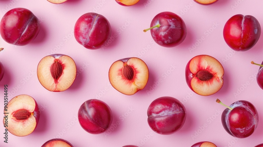 Aufkleber whole and halved ripe juicy plums artfully arranged on a soft pastel colored backdrop with a deep de
