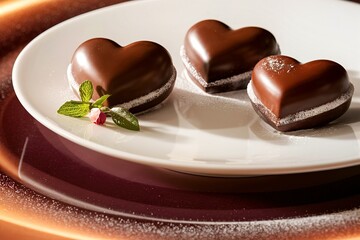 Three love shape chocolate served on the white plate