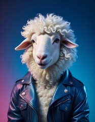 white sheep wearing a leather jacket