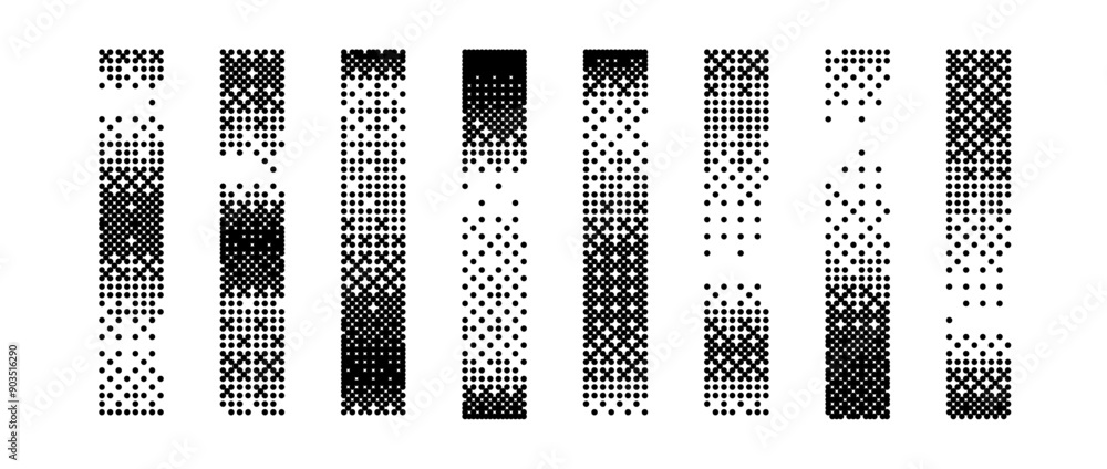 Poster Halftone vertical gradient border set. Pixelated long dotted separator or divider collection. Bitmap rectangle decoration element for banner, poster, advertisement, card, cover, print. Vector