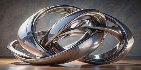Dynamic abstract metal sculpture with twisting forms and polished surfaces