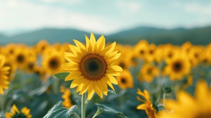 Fototapeta premium Breathtaking sunflower field in full bloom with a clear bright blue sky in the background The golden yellow flowers create a cheerful radiant and serene natural landscape scene