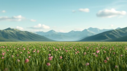 Lush green mountain meadow filled with vibrant wildflowers and a distant range of snow capped peaks in a scenic panoramic summer landscape