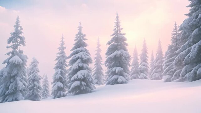 Pine trees covered in snow under a pink sunset, Snow-covered pine trees against a soft pink sunset