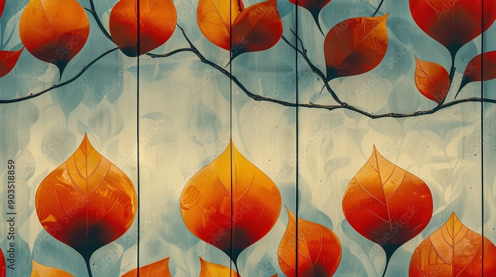 Wall mural a painting depicts red and yellow foliage on a wooden barrier, set against a blue backdrop