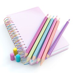 3D illustration of pastel colored pencils and sketchbook, isolated on white background