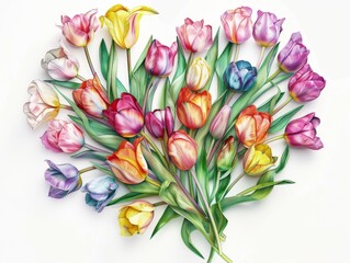 A heart-shaped arrangement of vibrant tulips, painted in the style of watercolor