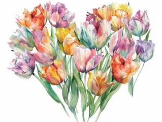 A heart-shaped arrangement of vibrant tulips, painted in the style of watercolor