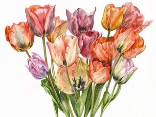 A heart-shaped arrangement of vibrant tulips, painted in the style of watercolor