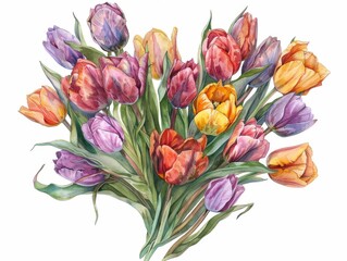 A heart-shaped arrangement of vibrant tulips, painted in the style of watercolor