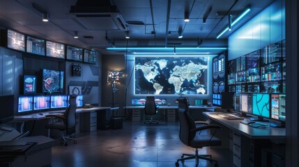 a secure control room, featuring advanced surveillance monitors
