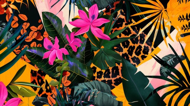 A maximalist background with an eclectic mix of geometric shapes, animal prints, and lush botanicals 