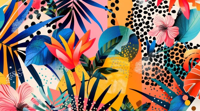 A maximalist background with an eclectic mix of geometric shapes, animal prints, and lush botanicals 