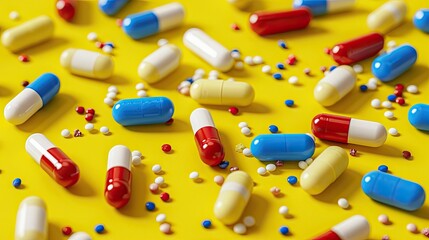 Colorful capsules and pills scattered on a bright yellow background, representing medication and healthcare concepts.