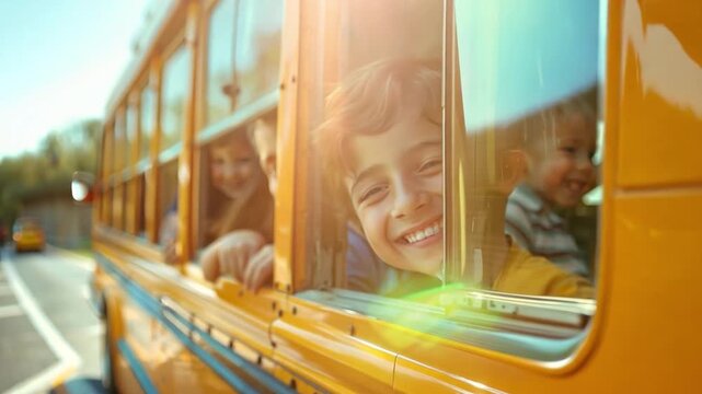 Happy children boarding a classic yellow school bus with big smiles on their faces, ready for the adventure that comes with the first day back to school