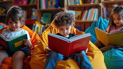 Excited kids eagerly flipping through books while seated on colorful bean bags in a cozy reading corner within their classroom