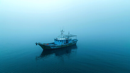 Fototapeta premium A serene blue fishing boat floating in a misty sea, surrounded by calm waters and a tranquil atmosphere.