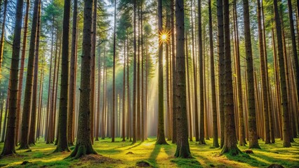 Fototapeta premium Tall trees standing in a dense forest, nature, green, foliage, woods, landscape, wilderness, outdoor, environment, peaceful