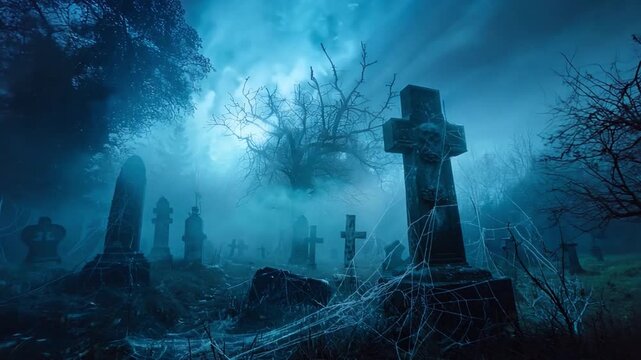 Creepy spiderwebs draped over gravestones in a haunted cemetery scene shrouded in ghostly mists on Halloween night