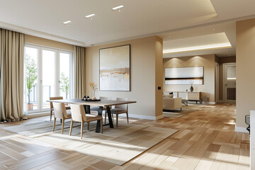 Fototapeta premium Modern apartment interior design. Dining room with table and chairs, empty living room with beige walls