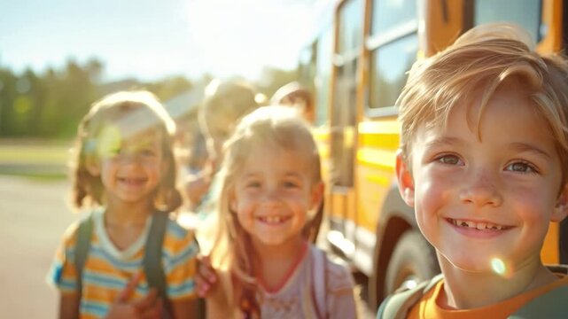Children eagerly chatting while waiting in line to board their designated bus, epitomizing the sense of camaraderie and excitement surrounding back to school season