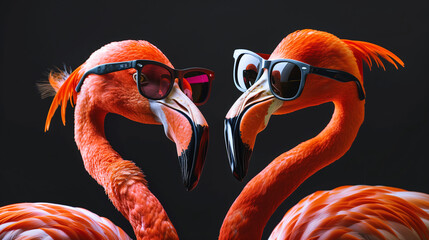 Cool Flamingos with Sunglasses on Black Background