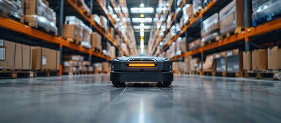 Fototapeta premium Autonomous Robot Navigating Warehouse Aisle with Stacked Boxes and Shelves in Modern Industrial Facility
