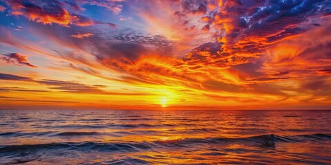 Fototapeta premium Vibrant sunset casting warm colors over the ocean , sunset, ocean, seascape, sky, horizon, water, dusk, evening, nature