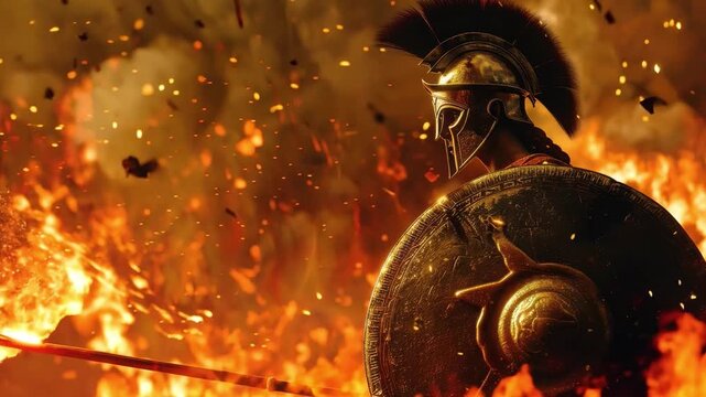 Athena is in a combat helmet brandishing a spear and shield, surrounded by flames and sparks, with incredibly detailed texture and rendering