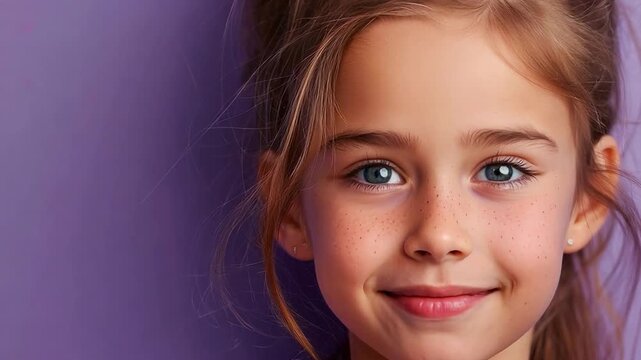 An image of a sweet young girl with her shirt on and her shoulders shrugged against a background of violet