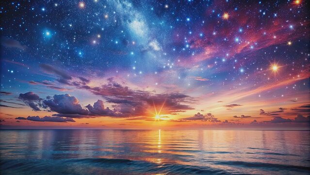 Nightsky in the sea background with vibrant colors and sparkling stars, night sky, sea, water, stars, reflection, moon,background