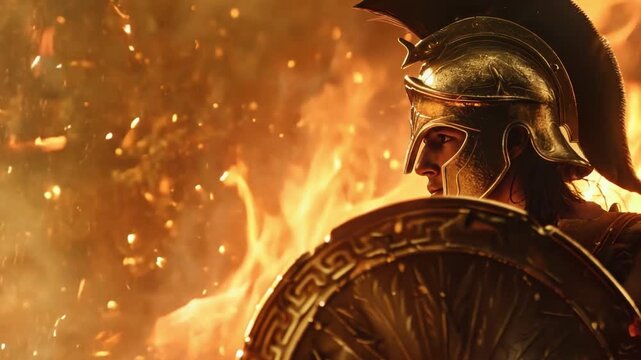 Athena is in a combat helmet brandishing a spear and shield, surrounded by flames and sparks, with incredibly detailed texture and rendering