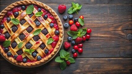Delicious pie adorned with fresh berries and leaves, pie, berries, leaves, delicious, dessert, pastry, baked, fruit