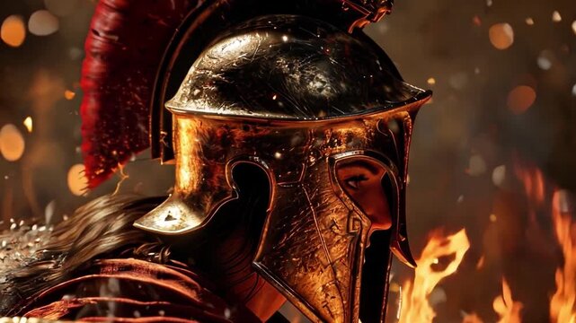 Athena is in a combat helmet brandishing a spear and shield, surrounded by flames and sparks, with incredibly detailed texture and rendering